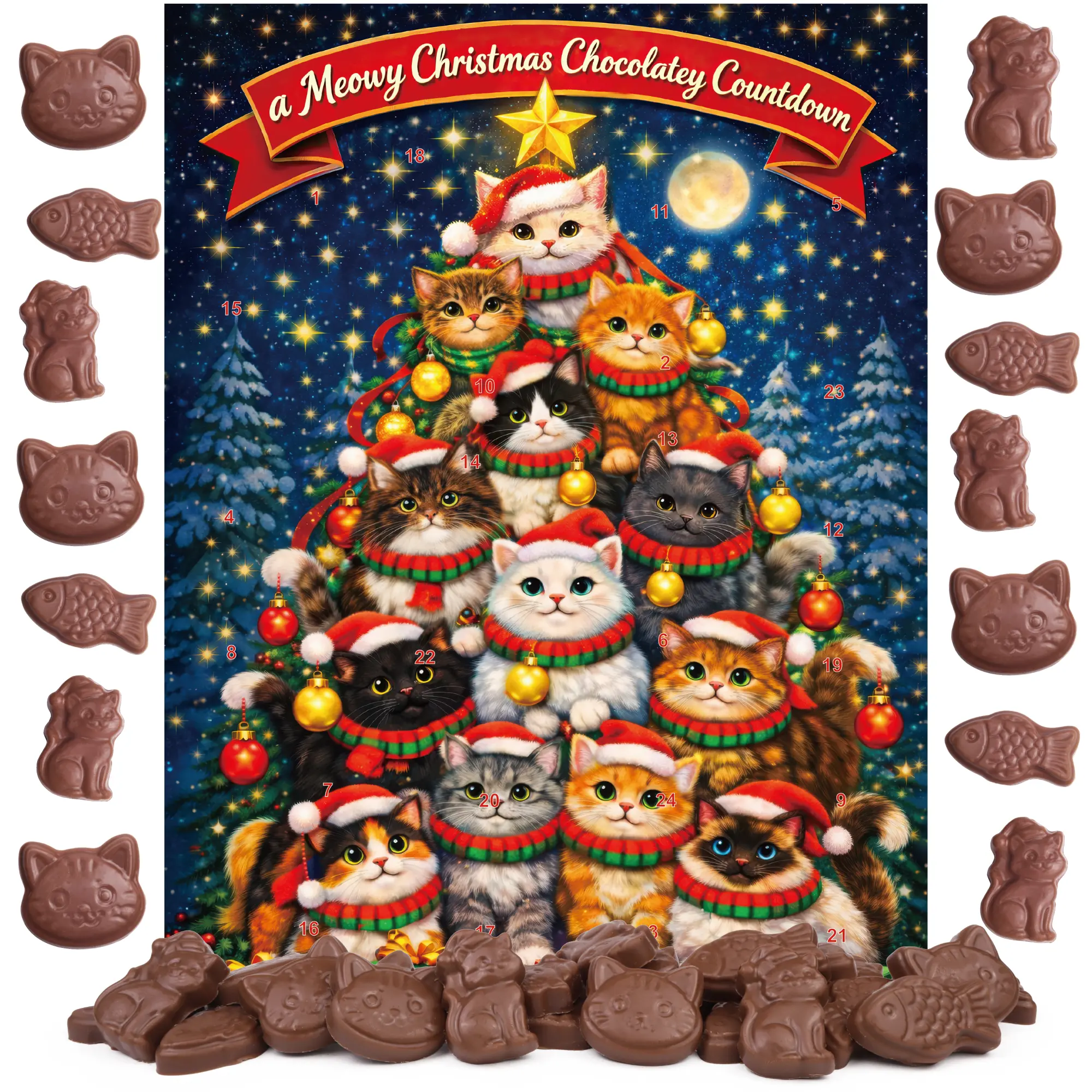 Christmas Cat Advent Calendar, 24 Chocolatey Candies Inside, 2.4 Ounces