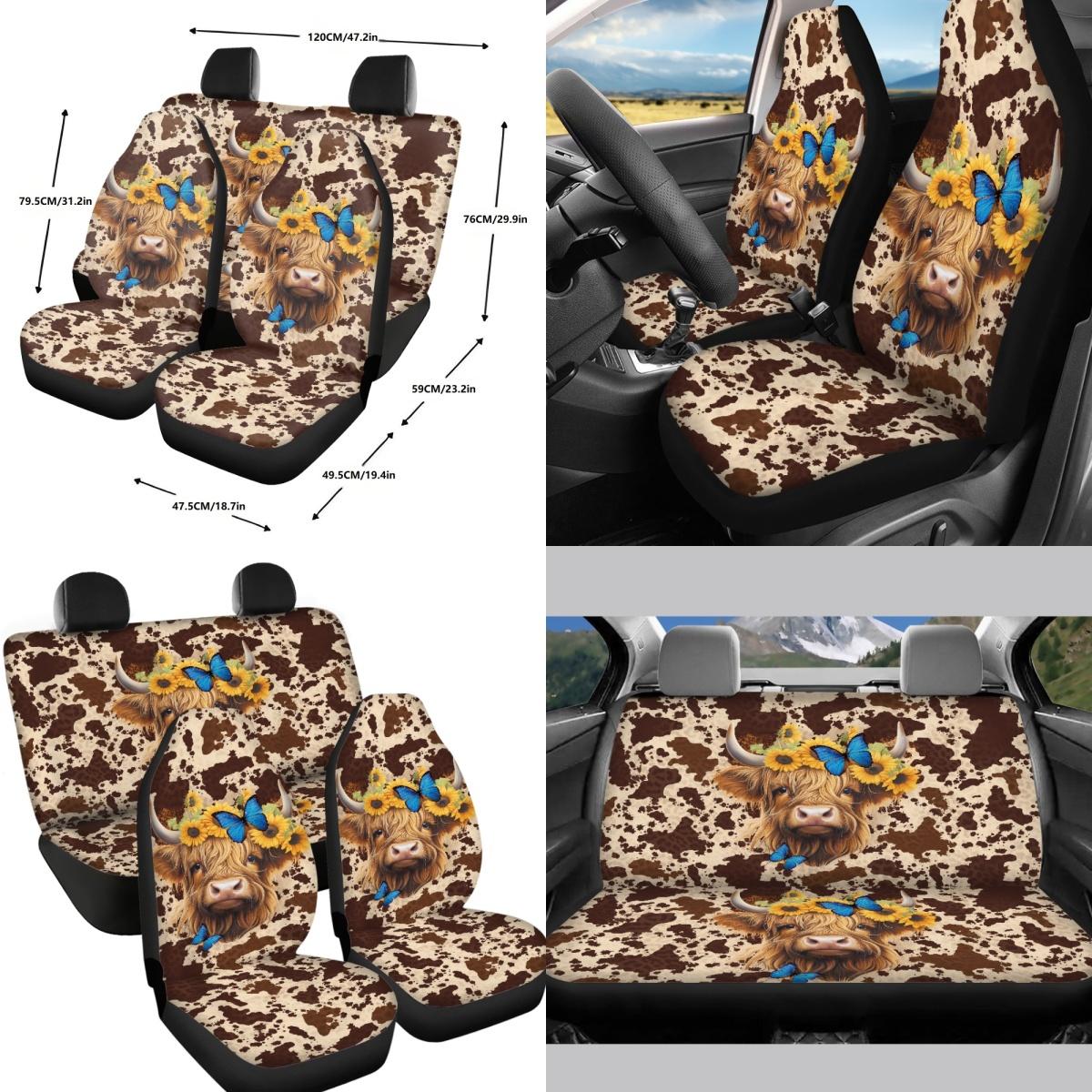 Aztec Highland Cow 14-Piece Auto Seat Cover Full Set Kit, Elastic Non-Slip Car Interior Ornament with Steering Wheel Cover, Coasters, Safety Pads, Garbage Bag & Keychain, Festive Holiday Gift for Men, 14 Pieces, Auto Interior
