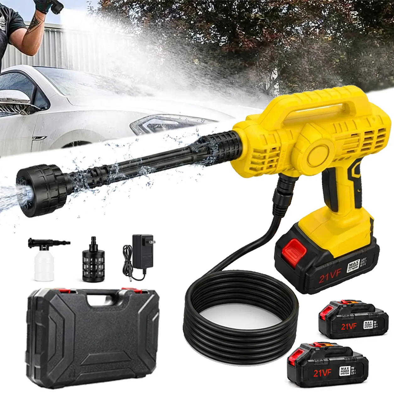 Handheld Portable Car Washer with Handheld Grip, Rechargeable Battery, 6-in-1 Nozzle - Water Sprayer, Car Washing Supplies for Outdoor Cleaning