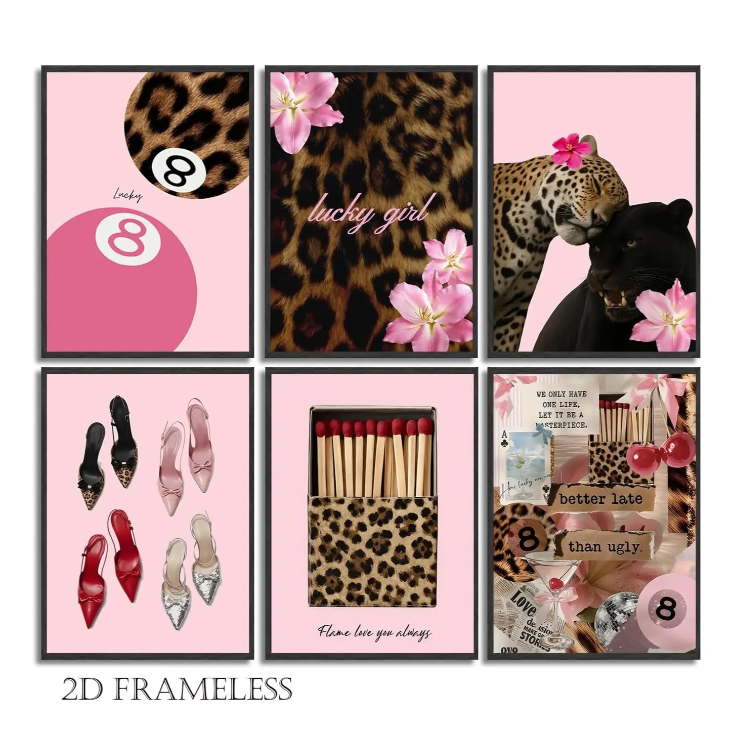 6-piece set of pink leopard-print canvas wall art, Leopard Print Decoration, featuring a Y2K-inspired college-style poster and leopard-print artwork. Perfect for home decor in girls' rooms, dorms, and apartments; frameless design, Canvas Prints
