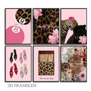 6-piece set of pink leopard-print canvas wall art, Artwork for walls, featuring a Y2K-inspired college-style poster and trendy leopard-print artwork. Perfect for home decor in girls' rooms, dorms, and apartments; frameless design, Canvas Prints