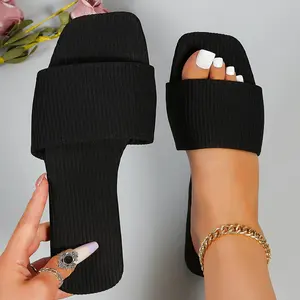 Women's Solid Color Slide Sandals, Casual Square Open Toe Flat Summer Shoes, Lightweight Slide Sandals Girl Black sandals  for  summer