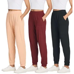 Real Essentials 3 Pack: Women's Ribbed Lounge Jogger Cuffed Yoga SweatpantsPockets (Available in Plus)