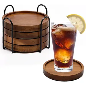 4 Pcs Wood Coasters for Drinks Absorbent Wooden Coasters with Holder for Coffee Table Farmhouse Office Bar Furniture Protection Easy Clean Sturdy Size