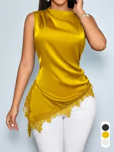 Summer Casual & Elegant Women's Solid-Color Top—Boat Neck, Sleeveless, Asymmetrical Hem, and Lace Splicing. Ideal for Daily Casual Wear and Commuting