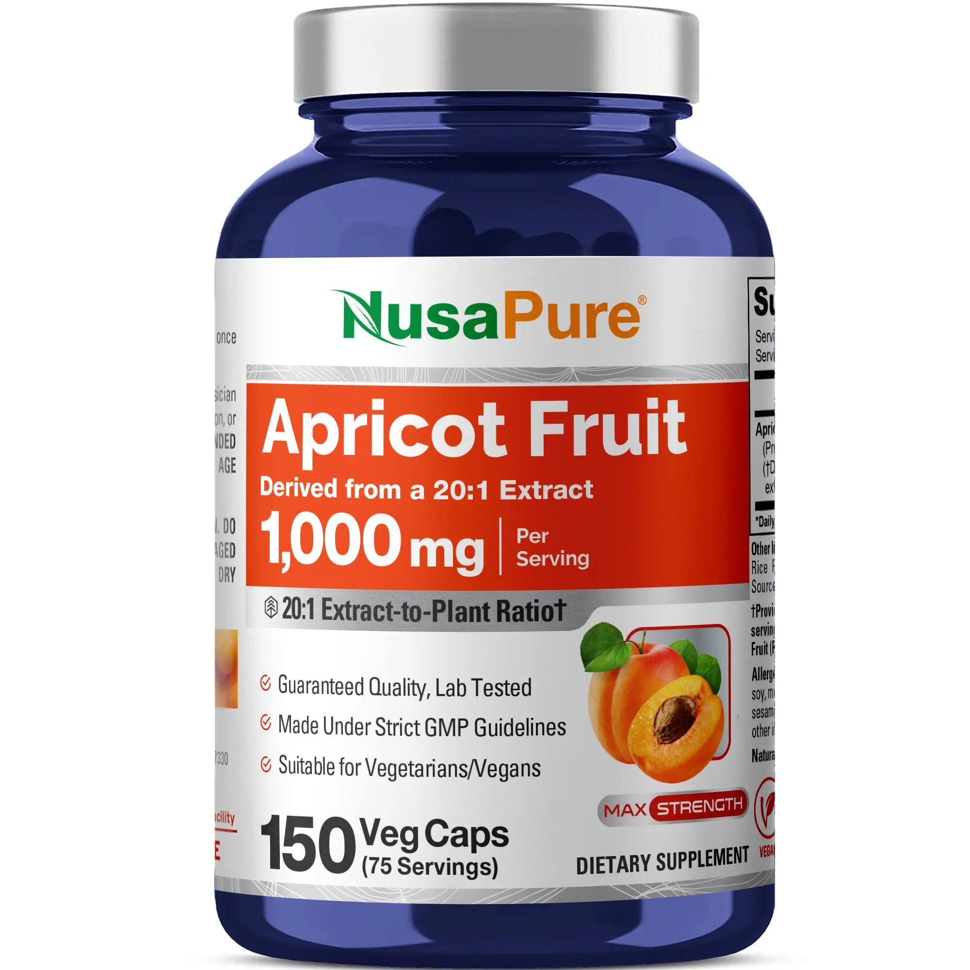 NusaPure Concentrated Edible Apricot 20:1 Extract Vitamin Supplement - 1000 mg, 150 Veggie Capsules, Vegan, Non-GMO, 75 Servings, Immunity Support, Antioxidant Benefits, for Adults, Supplement Stack Compatible, Dietary, Body Health, Skin Health, Gentle Di