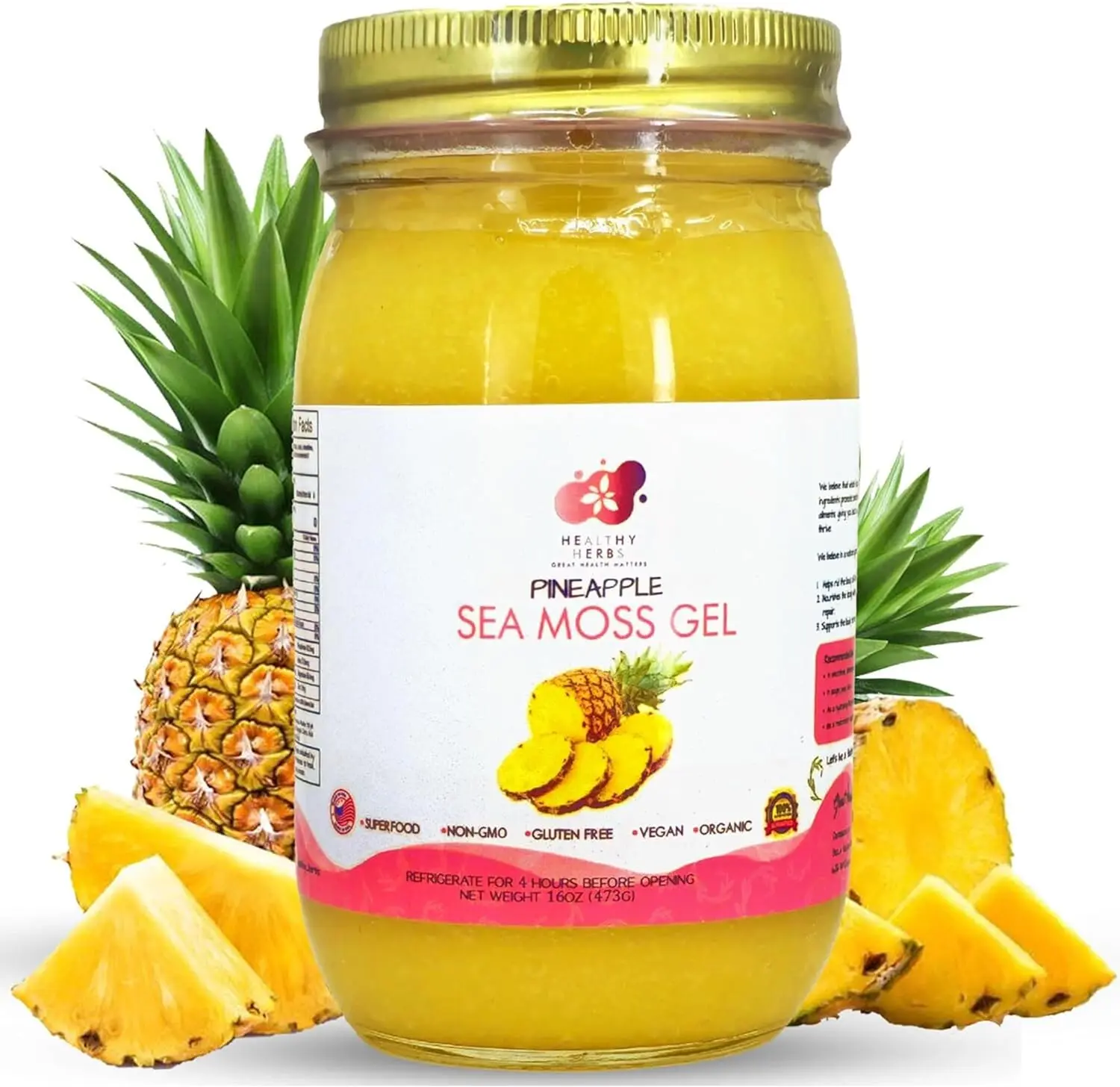Healthy Herbs | Pineapple Sea Moss Gel -  (16oz) | Wildcrafted Jamaican St. Lucia Gold Seamoss | 90+ Minerals for Energy, Immunity, Thyroid, Gut & Skin Health |  Vegan, Non-GMO | 16 oz Superfood Gel