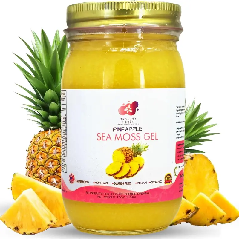 Healthy Herbs Organic Pineapple Sea Moss Gel - 16oz St. Lucia Wildcrafted Jamaican Gold Seamoss, Fresh to Order, 90+ Minerals for Energy, Immune Boost, Thyroid, Gut & Skin Health, Vegan, Non-GMO Superfood Gel