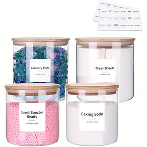 Laundry Room Organization, 4-Piece Laundry Detergent Container with Label for Laundry Storage, Glass Jar for Laundry Detergent Container, Laundry Detergent, Flavor Enhancer, Cookies - Farmhouse, Laundry Room Decorating Bottles Canister Organiser