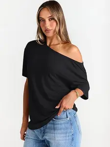 Womens Off the Shoulder Tops Oversized T-Shirts Short Sleeve Tees Summer 2026 Casual Spring Clothes