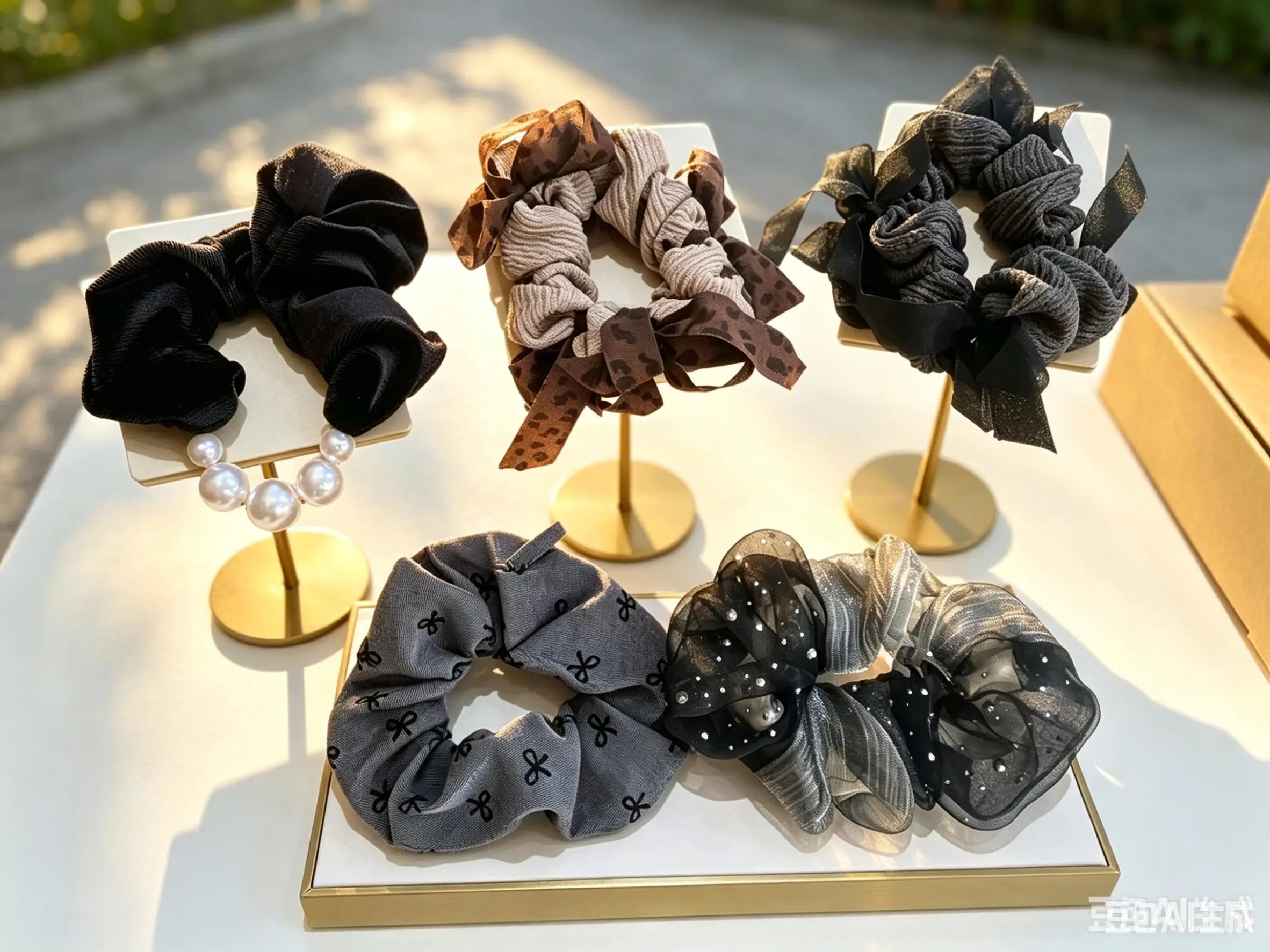 Retro Dark-Tone Multi-Fabric Scrunchie Set, 5 Pieces
