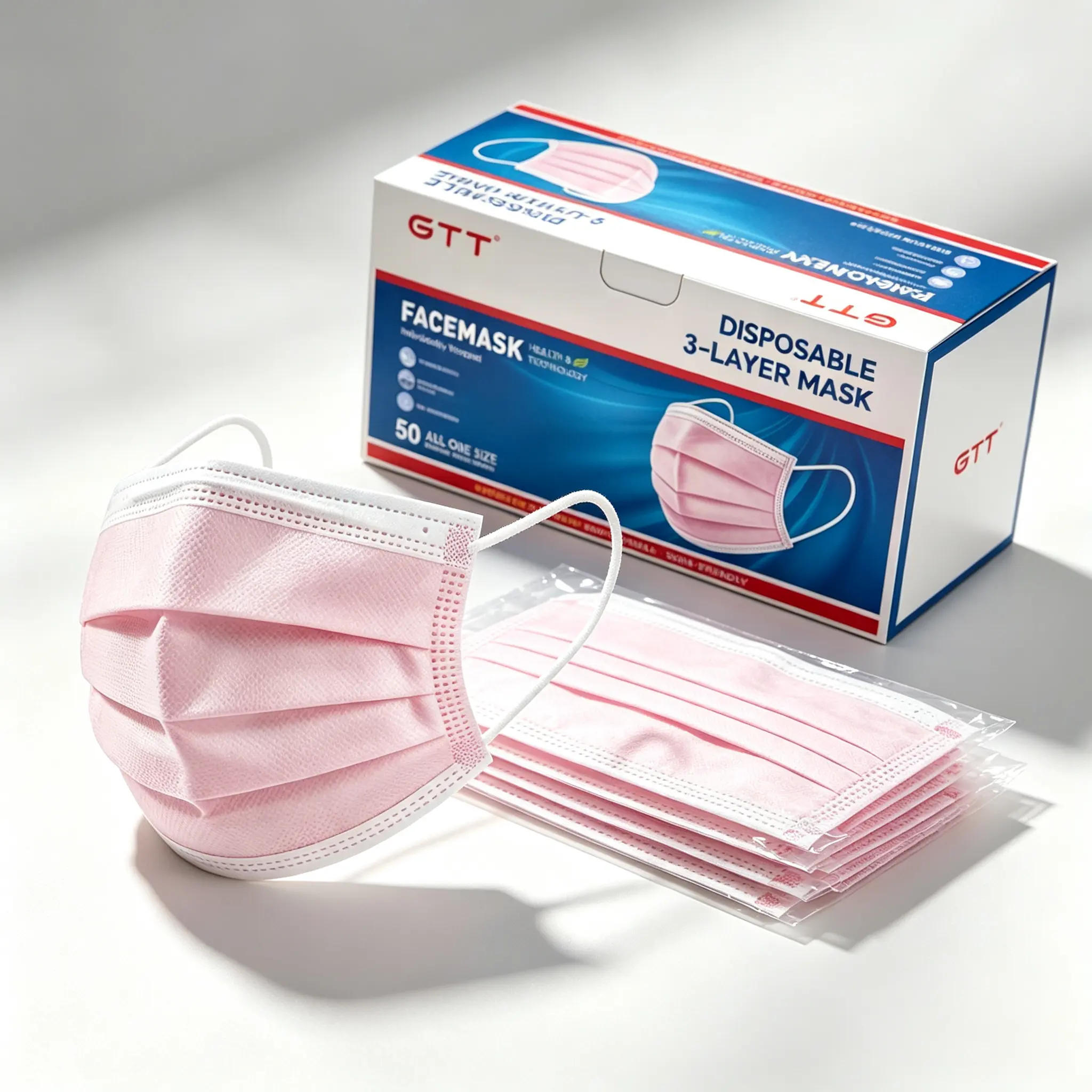 GTT Disposable 3-Ply Pink Face Masks, 50 Pack Breathable Non Woven Face Mask with Adjustable Nose Wire & Stretch Ear Loops, Daily Protection Masks for Commute Travel Office
