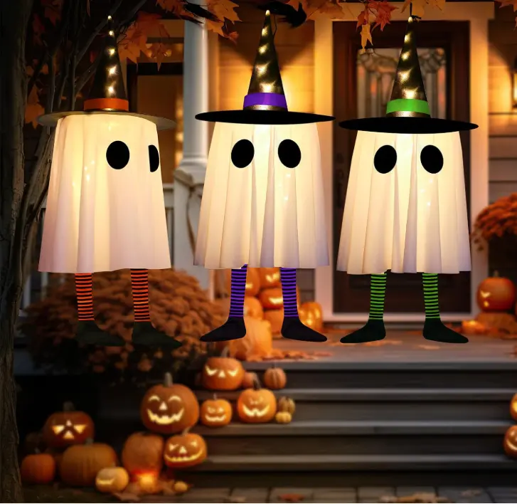 3 Pcs Cycle Timer Halloween Hanging Ghosts, Halloween Ghost Decor with Witch Hat  for Outdoor | Set of 3, Unique Ghost & Witch Fusion Design, Indoor and Outdoor Use, Cute and Spooky Design, Soft Lightweight Fabric