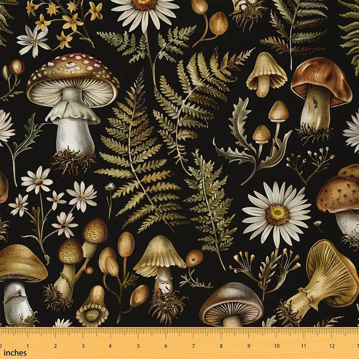 Mushroom Fabric 70s Groovy Daisy Green Leaves Fabrics Sewing Lovers Natural Jungle Plants Rustic Style Fabric DIY Soft Flannel Polyester No Stretch