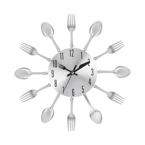 Polished Silver 3D Spoon & Fork Flatware Cutlery Analog Wall Clock - Minimalist Rustic-Modern 3D Wall Art Clock, Sleep-Quiet Tick, Battery-Powered Knife/Fork Hands, Spoon Dial for Kitchen Decor, Party Gifts