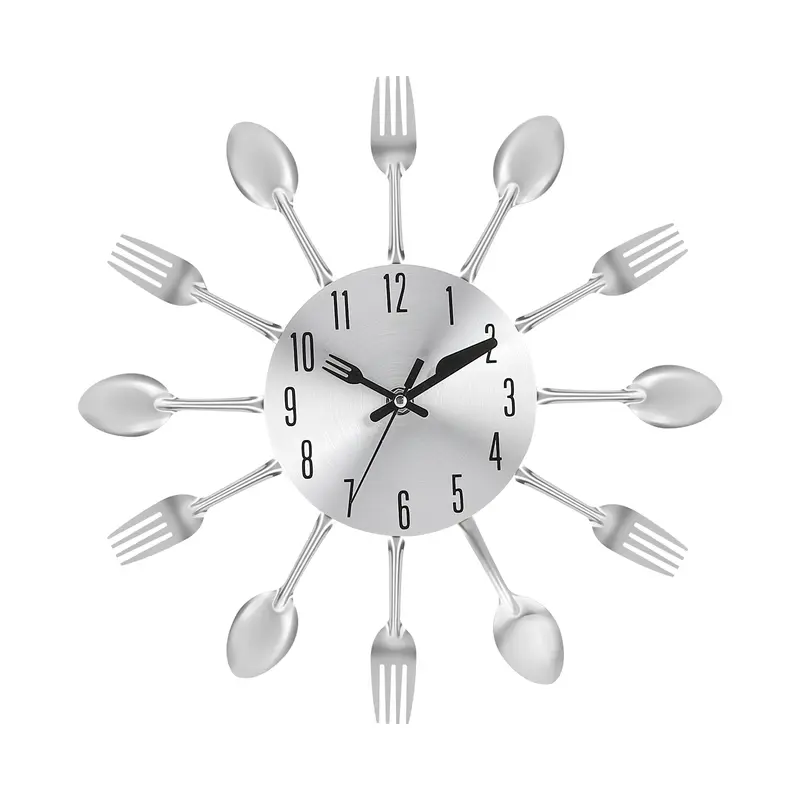 Polished Silver 3D Spoon & Fork Flatware Cutlery Analog Wall Clock - Minimalist Rustic-Modern 3D Wall Art Clock, Sleep-Quiet Tick, Battery-Powered Knife/Fork Hands, Spoon Dial for Kitchen Decor, Party Gifts