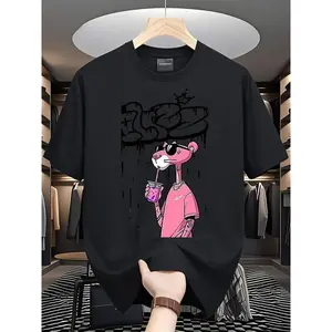Local storage, Men's beachwear, Men's shirts, Men's clothing, Cotton beachwear for men, man, Pantera Rosa Graffiti 180g cotton in black and white, funny printed pattern, Cotton printing