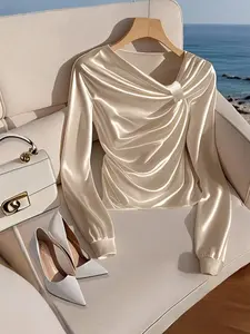 Women's Plain Solid Smooth Satin Asymmetrical Fitted Long Sleeve Top Blouse, Womenswear, Elegant Office Wear, Daily Commute, Stylish, Soft and Comfortable