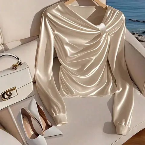 Women's Plain Solid Smooth Satin Asymmetrical Fitted Long Sleeve All Season Top Blouse, Asymmetric Hem Top, Womenswear, Elegant Office Wear, Business Casual Blouses, Daily Commute, Stylish, Soft and Comfortable, Shirts