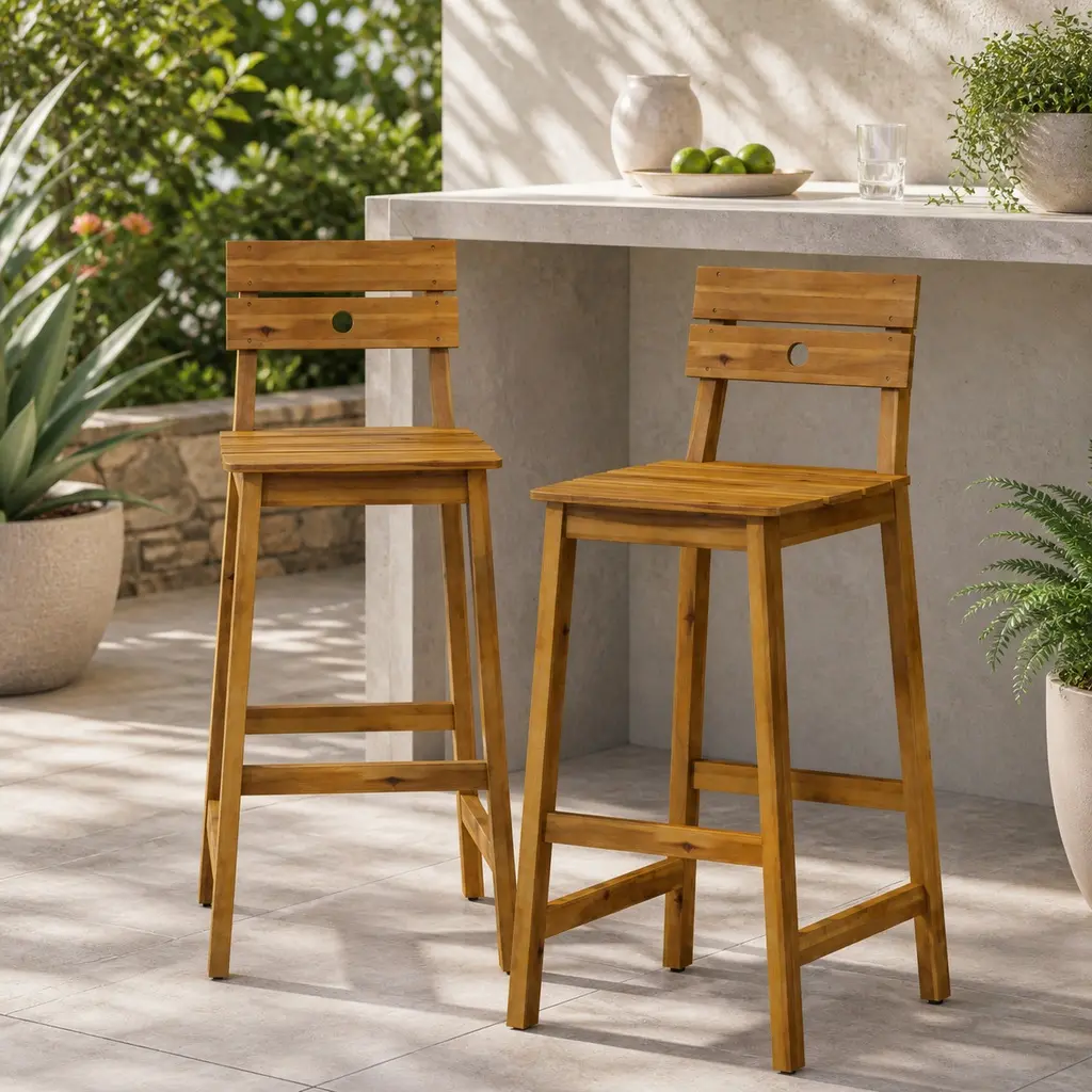 Set of 2 Rustic Acacia Wood Barstools with Slatted Back and Seat, 29.75 Inch Counter Height Bar Stools for Kitchen Island, Dining Room, Home Bar, Brown Wood Finish, Indoor/Outdoor Use, Easy Assembly, Brown Color Options, Acacia Wood Material