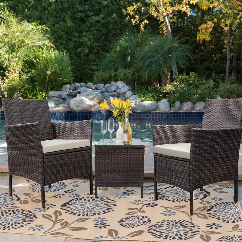 HOMALL 3 Pieces Outdoor Patio Furniture PE Rattan Wicker Table and Chairs Set Bar Set with Cushioned Tempered Glass