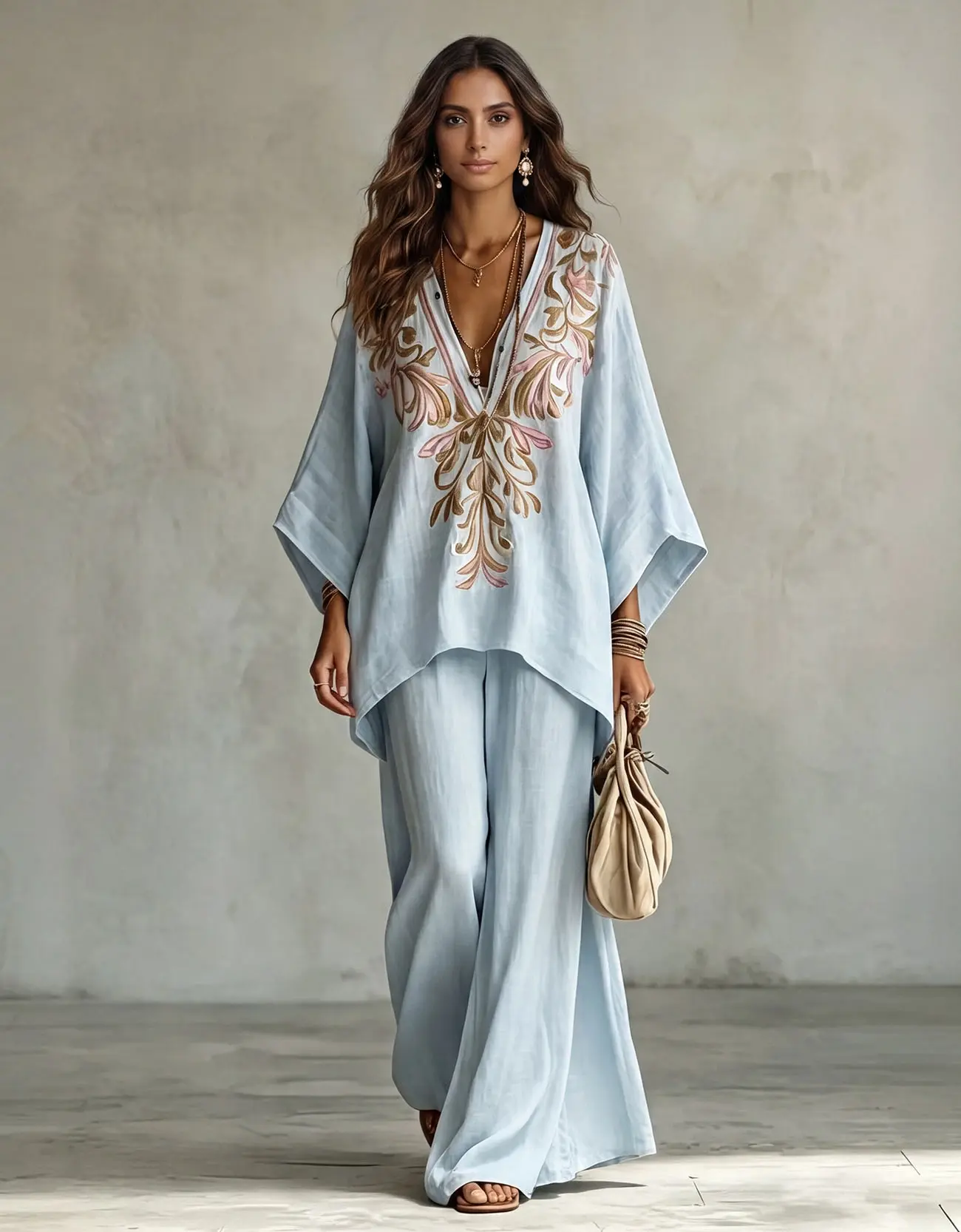 LikeMyChoice Boho Floral Embroidered V Neck Top Wide Leg Pants 2 Piece Set Loose Linen Matching Outfit Women Resort Wear