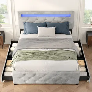 Nicole Selection Full/Queen Storage Bed Frame with LED Lights - 4 Spacious Drawers, Upholstered Headboard, No Box Spring Required, Soft Velvet Upholstery, Adjustable Height, 1-Year Warranty Included, W2889P205106, For Christmas Gifts