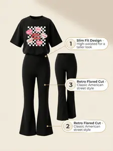 Girls Cartoon Butterfly Print Round Neck Short Sleeve T-Shirt and Bell Pants Set, Summer Clothes Set, Summer Street Style for Outdoor Activities