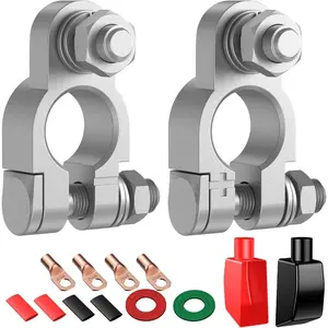 Battery Terminal Connectors Kit, Heavy Duty Positive Negative Auto, Car, Marine Terminals For Battery Terminal Connectors Kit, with 4 Pcs 2 Gauge 3/8" Copper Lugs, 4 Heatshrink Tubes, 2 Protective Covers and 2 Anti Corrosion Washers