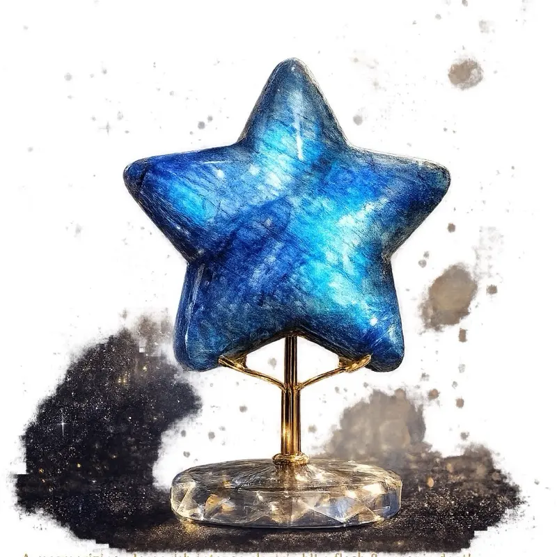 Color-Enhanced Celestial Blue Flash Moonstone Star Collector Carving, Includes the Stand, Natural Crystal Decoration, Home House Decor Table Desk Ornament, Statement Item for Crystal Enthusiasts crystals garden