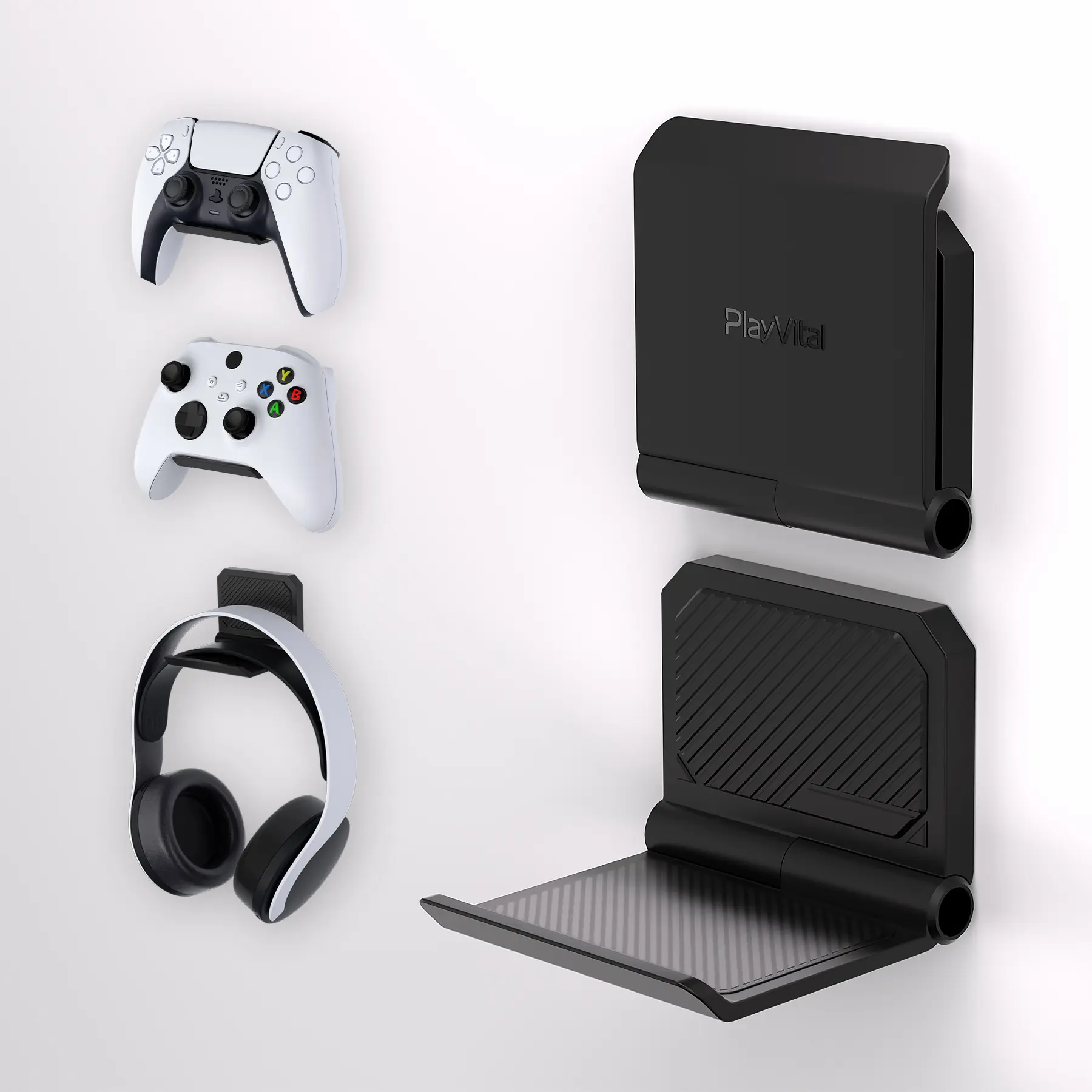 PlayVital 2/4 Set FOLD Controller Wall Mount for PS5 & PS4 & Xbox Series X/S & Nintendo Switch Pro & Nintendo Switch Pro 2 & Xbox Wireless Headset & Pulse 3D Headset - Black Console Joystick