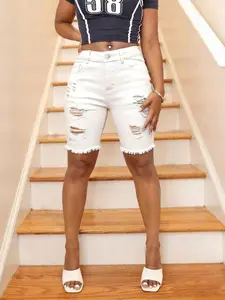 Women's Fashion Slim Fit Ripped Mid-Thigh Pants, Elastic Fabric Casual Daily Wear Jeans, Summer Style