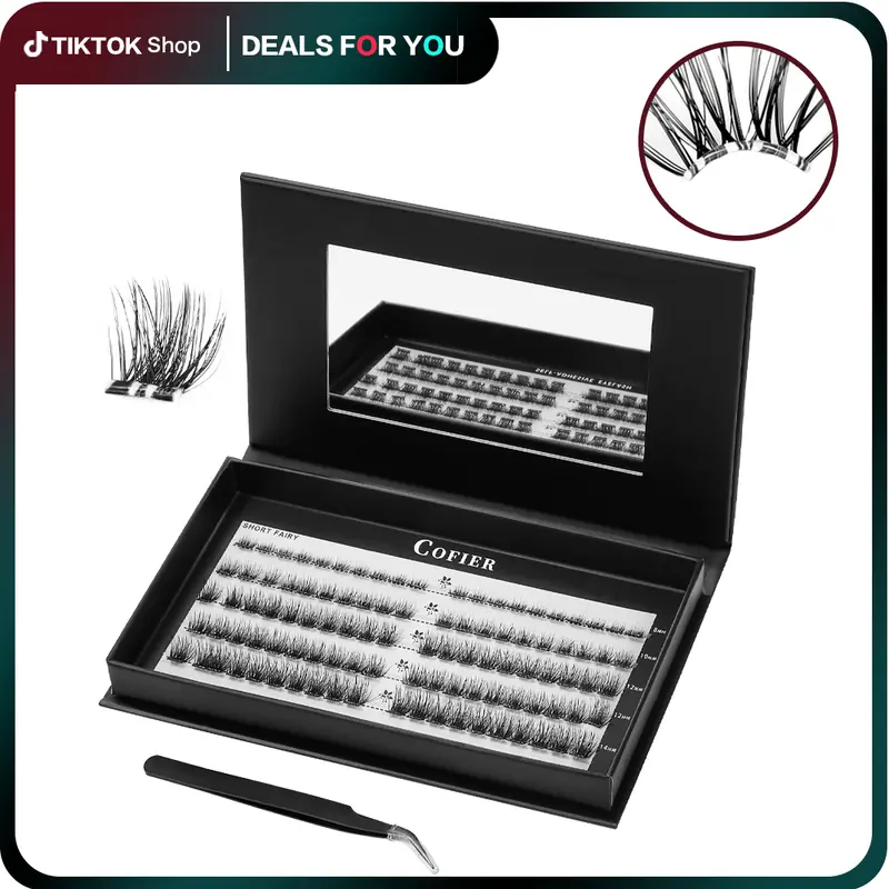 Cofier Self-Adhesive Glue-Free Salon Cluster Lashes Kit, 80 Pcs 8-14mm Gentle False Lashes with Adhesives & Tweezers, Lightweight Dramatic Cosmetic Eyelash Enhancers for Adults, Mix Sizes for Easy Eye Makeup