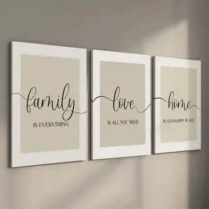 3 Pieces Stretched Canvas Wall Art, Solid Wood Framed "Family Love Home" Signs, Minimalist Neutral Bedroom Posters, Ready to Hang Waterproof Artwork for Living Room, New Home Gift Set