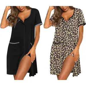 Nightgowns for Women 2 Pack Button Down Sleep Shirts Short Sleeve Nightshirt Sleepwear House Dress with Pockets Fitted Summer Loungewear