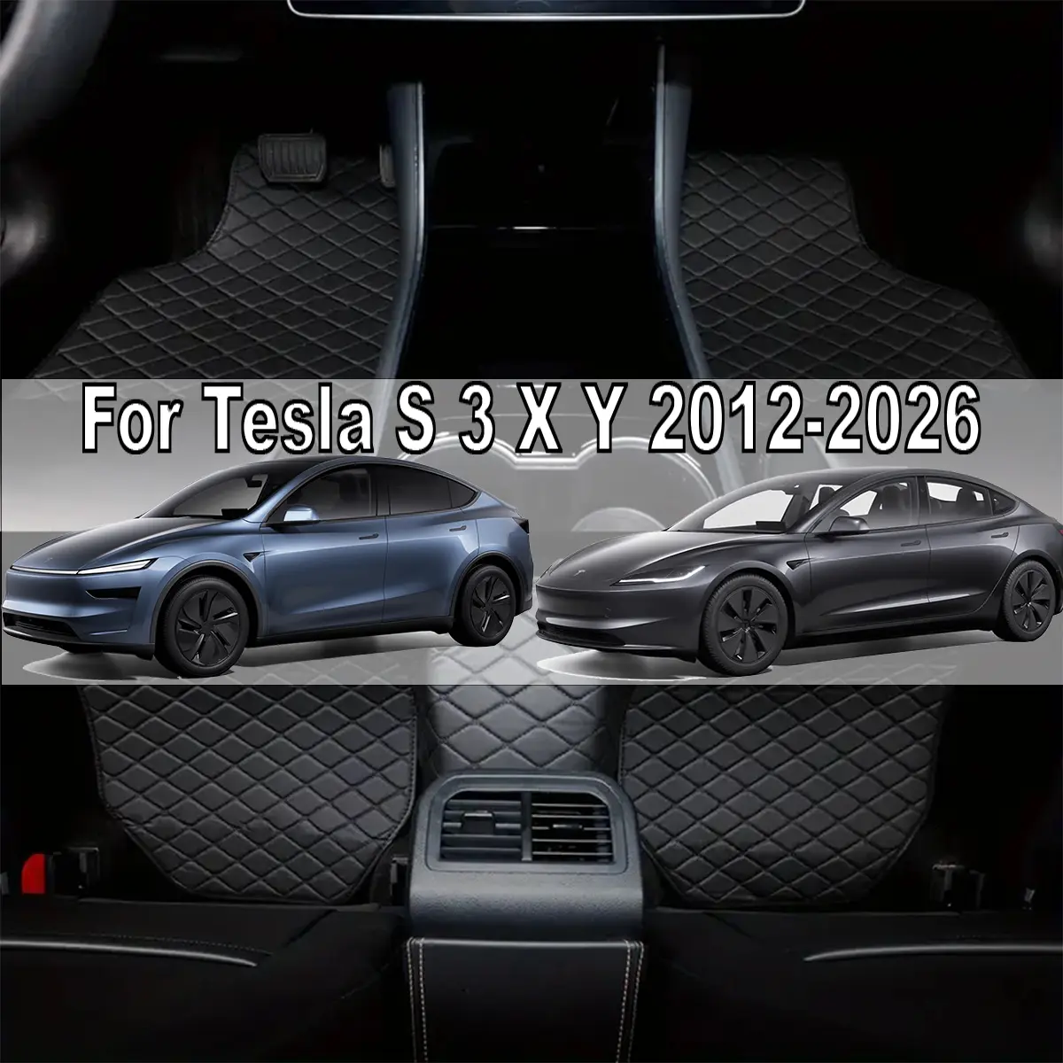 Luxury PU Leather Car Floor Mats for Tesla Complete Series (Model S/3/X/Y 2012-2026) - Anti-Slip, Waterproof Surface, Easy Maintenance, Full Coverage Protection, Diamond Stitch Design, Left Drive