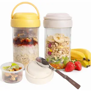 Overnight Oats Containers with Handles & Lids – 16oz Jars with & Fruit Compartments, Chia Pudding Jars with Lids, (Cream, Yellow)