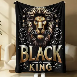 Black King Lion Print Flannel Throw Blanket, Black Color and Gold Lion Head Portrait, Comfortable Warm, Soft & Lightweight, Sofa Bed Decor, Office Nap Blanket, Travel Camping Cover Blanket, Unique Gift
