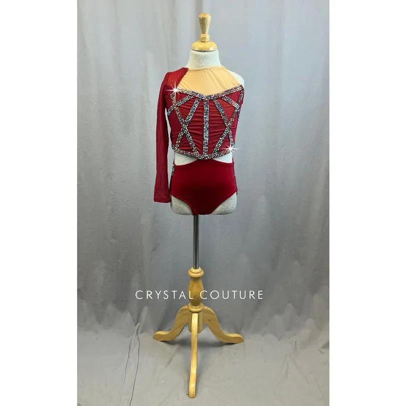 Custom Red Leotard with Strappy Back and Single Mesh Arm - With Rhinestones
