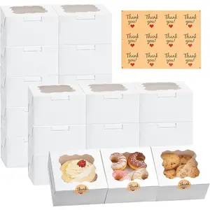 32 count Cookie Boxes with Window, 6x6x3 Inches White Paper  Boxes for Bakery Dessert Pastry Mini Cake  Candy Favor Donut Baked Goods (with Stickers)