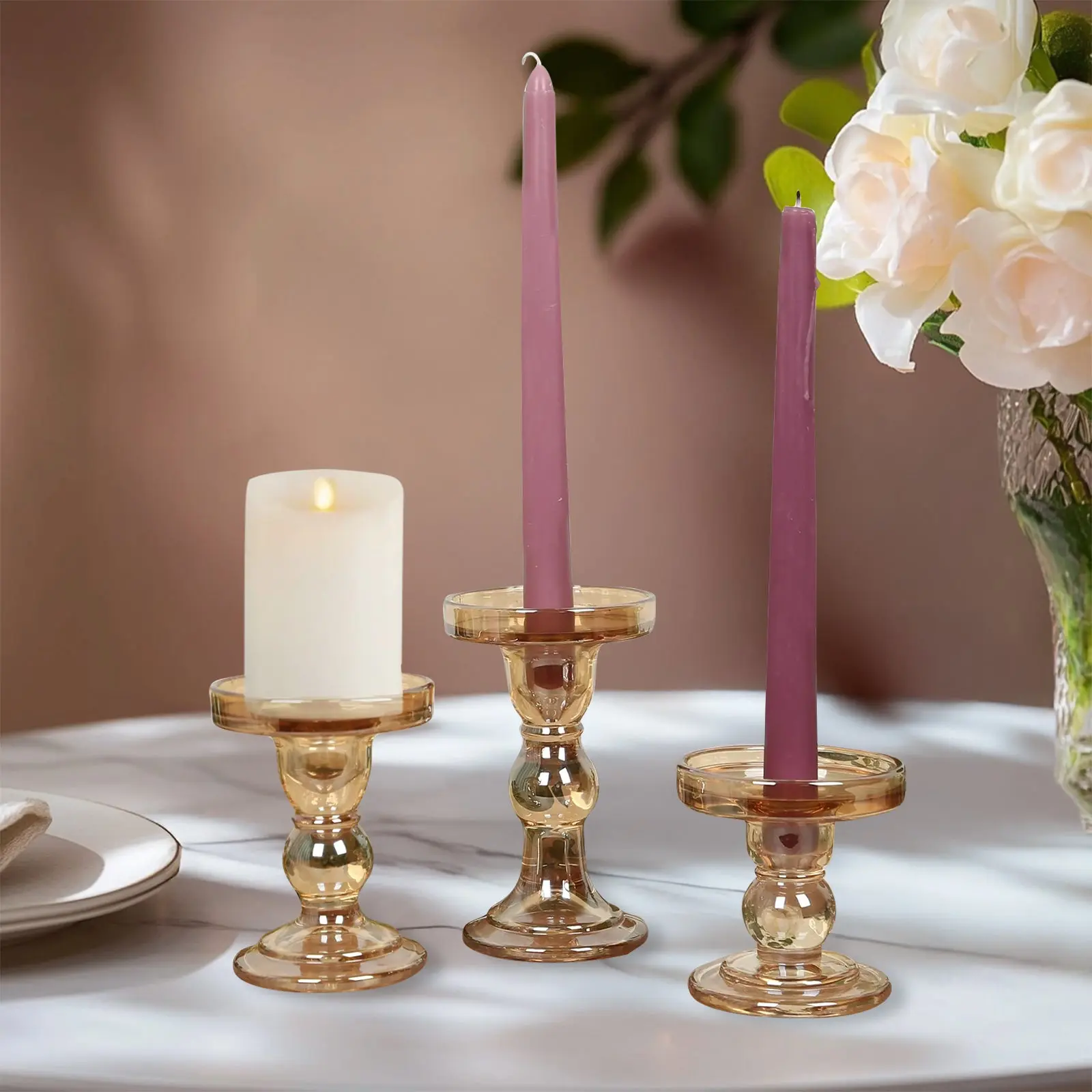 Set of 3 Glass Pillar Candle Holders Amber Gold with Round Tray - Crystal Ball Stem Taper Candlestick Tea Light Stands 3.5", 4.5", 5.5"
