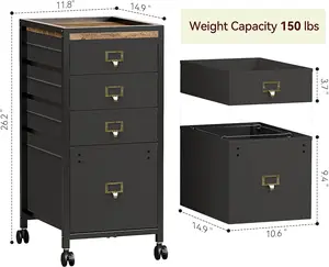 4-Drawer Rolling File Cabinet Home Office Furniture, MDF+Iron+Fabric Under-Desk Vertical Cabinet with Retro Look, Black Fabric Drawers, 4 Wheels, Metal Frame, A4 File Storage Organizer with Quick Setup