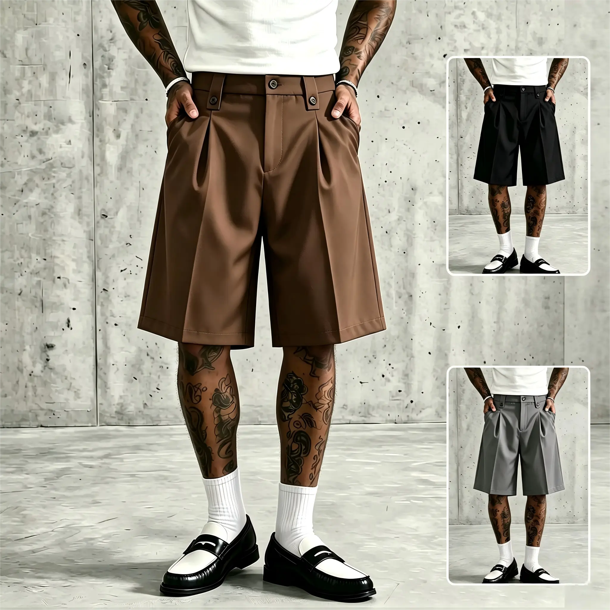 Classic pleated dress shorts for men, relaxed fit, everyday streetwear short pants bermudas sport pant school outfit