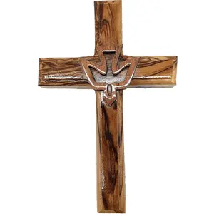 4.7in Traditional Carving Olive Cross Wall Hanging, Holy Spirit Christian Religious Holy Land Home Decor for Faith-Filled Homes, Room Accessory CRS021