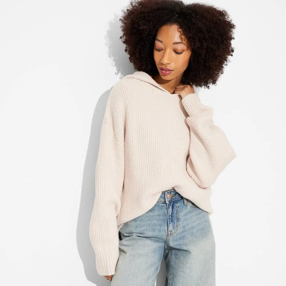Women's Oversized Ribbed Hooded Pullover Sweater - Wild Fable Light Beige L