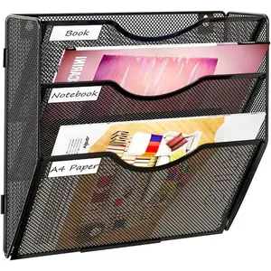 Hanging Wall File Holder, 3 Tier Mail Sorter for Wall, Mesh Office Wall Organizer For Papers/Folders/Files Clipboard & Magazine, Black