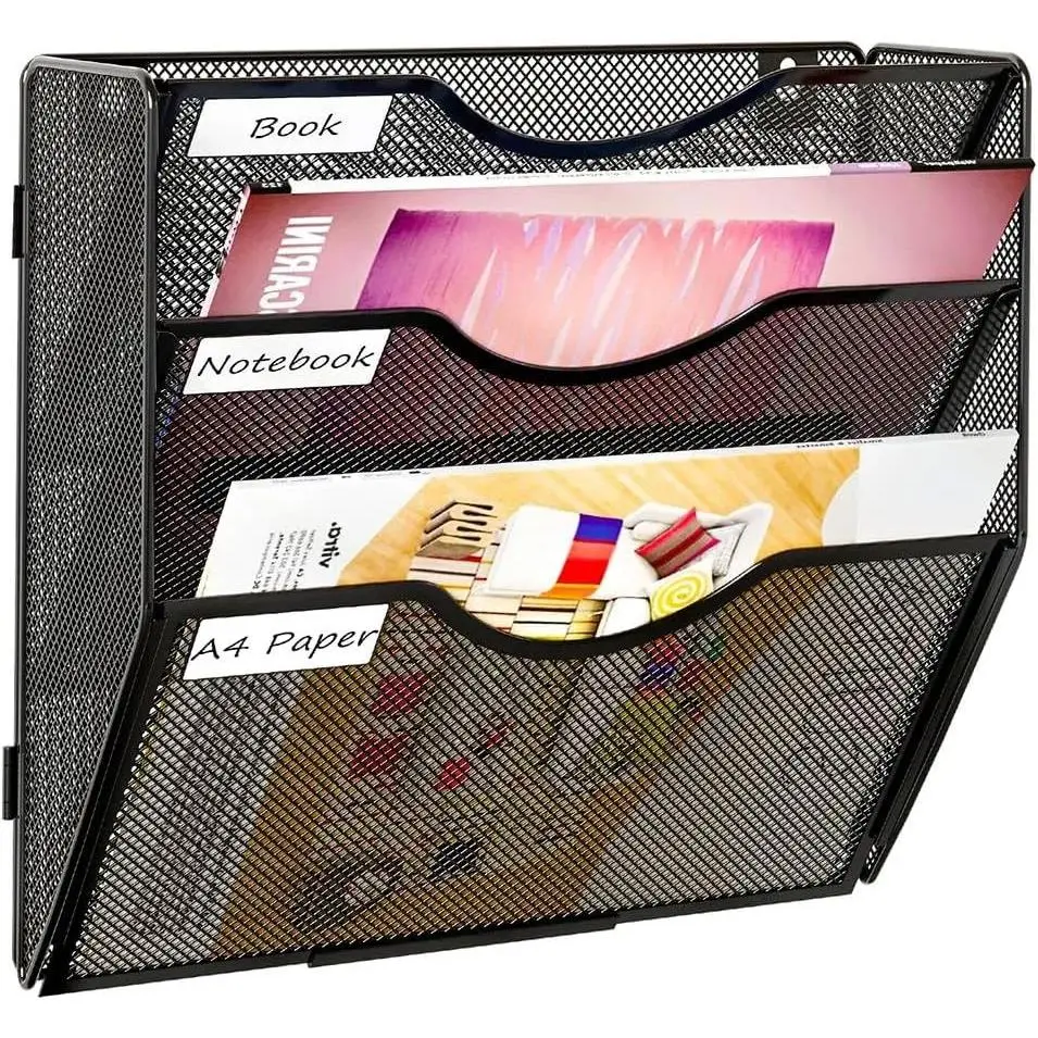 Hanging Wall File Holder, 3 Tier Mail Sorter for Wall, Mesh Office Wall Organizer For Papers/Folders/Files Clipboard & Magazine, Black