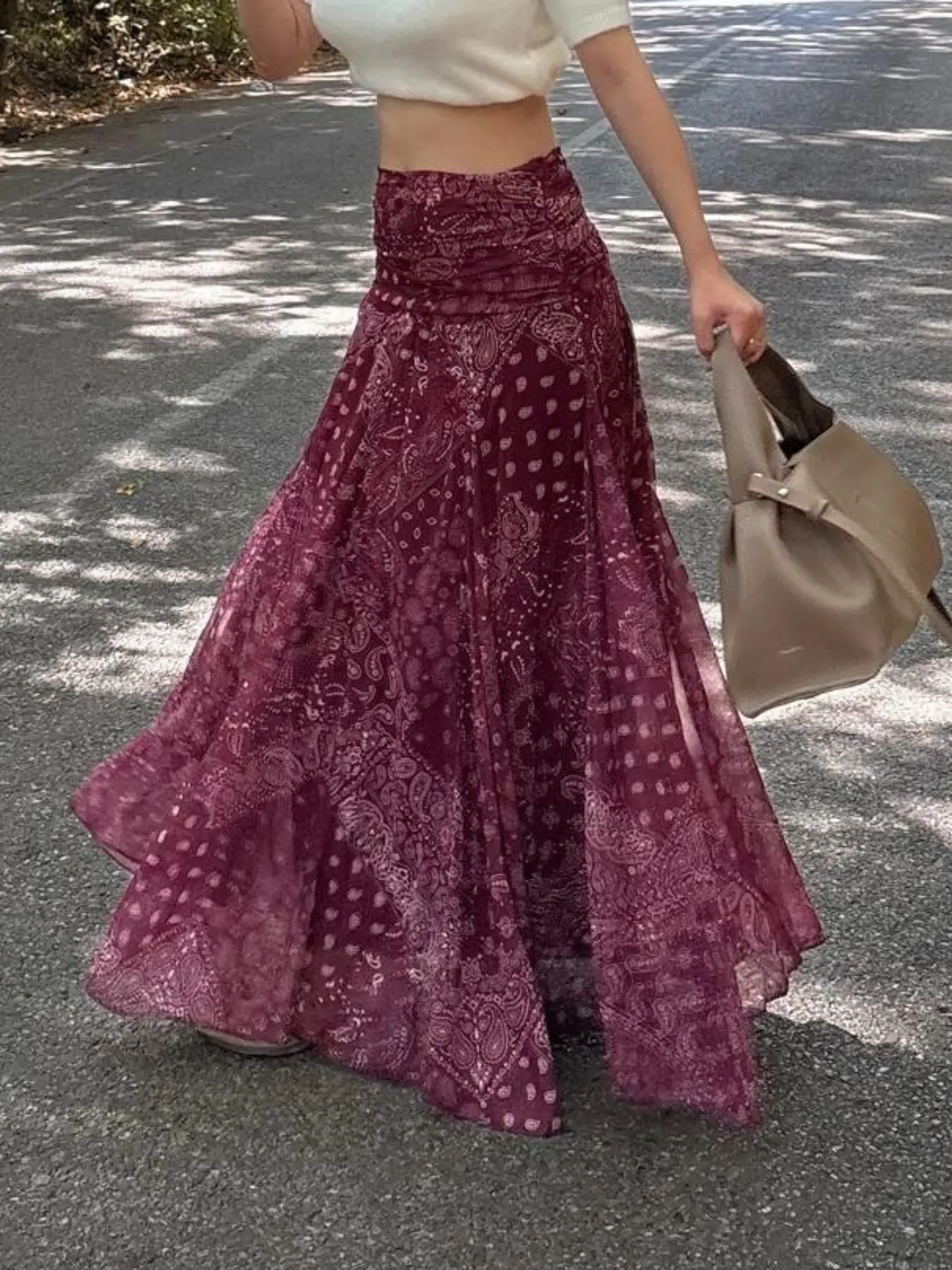 Women's Burgundy Paisley Print Maxi Skirt, High Waist Skirt, Boho Flowy A-Line Skirt, Lightweight Layered Sheer Design Skirt for Vacation, Beach & Resort Wear, Casual Chic Vintage Ethnic Pattern Skirt