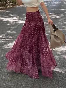 Burgundy Paisley Print Maxi Skirt High Waist Boho Flowy A Line Long Skirt Lightweight Sheer Layered Summer Vacation Beach Resort Casual Chic Vintage Ethnic Style Swing Women Skirt