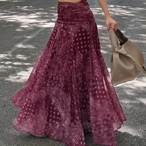 Women's Burgundy Paisley Print Maxi Skirt, High Waist Skirt, Boho Flowy A-Line Skirt, Lightweight Layered Sheer Design Skirt for Summer Vacation, Beach & Resort Wear, Casual Chic Vintage Ethnic Bohemian Pattern Skirt, Chic Boho Style